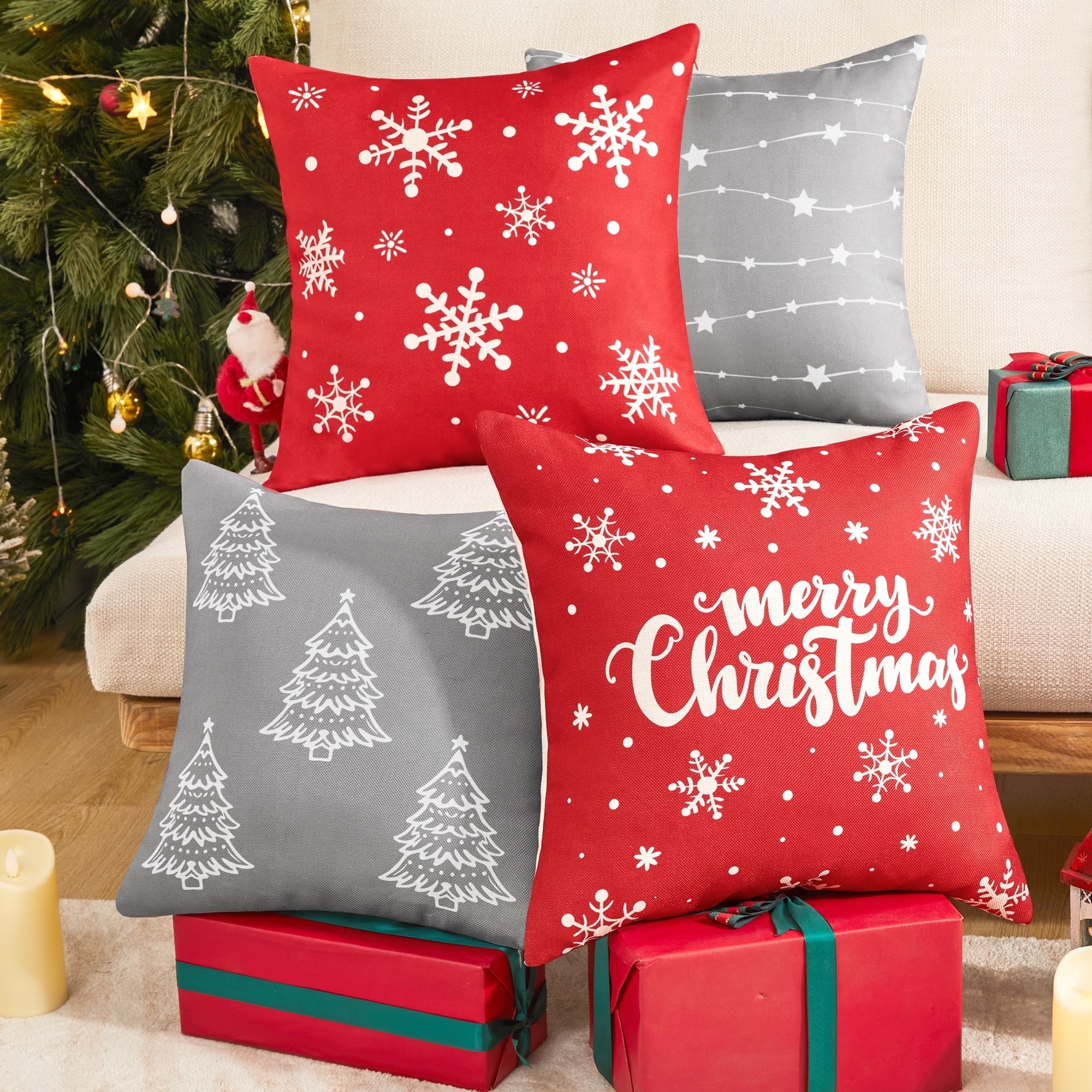 Red and Grey Christmas Polyester Pillow Covers Set of 4