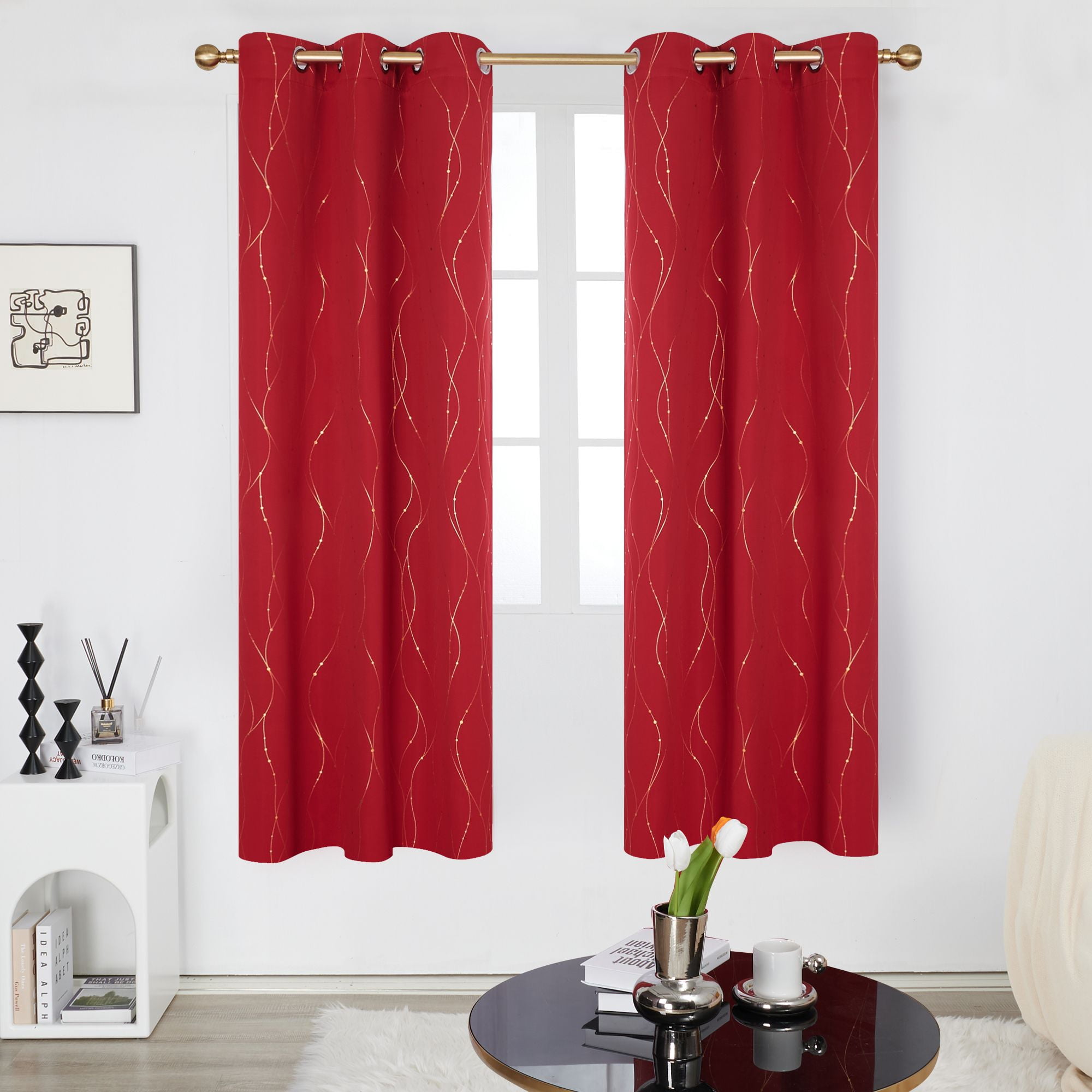 Deconovo Christmas Red Blackout Curtains and Drapes Wave Line with Dots