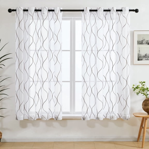 Deconovo Sheer Curtains for Bedroom Semi Sheer Window Curtain Panels with Line Pattern 52 x 72 Inch Coffee 2 Panels