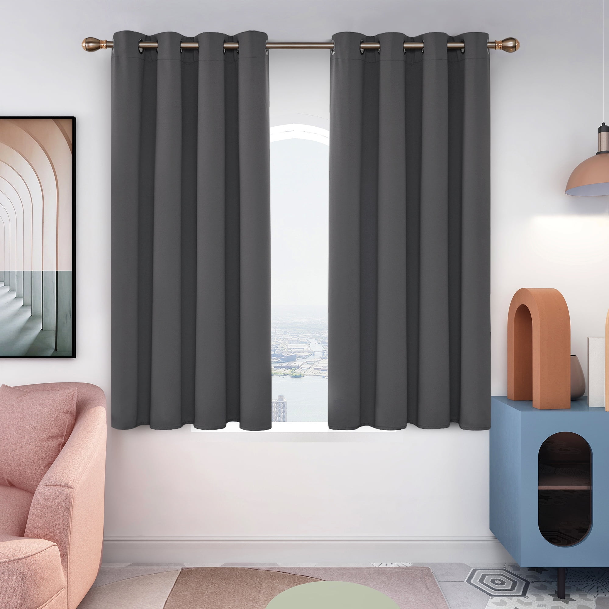 Deconovo Dark Gray Small Blackout Curtains for Kitchen - Grommet Thermal Insulated Room Darkening Short Curtains (52 x 45 inch, Dark Gray, Set of 2 Panels)