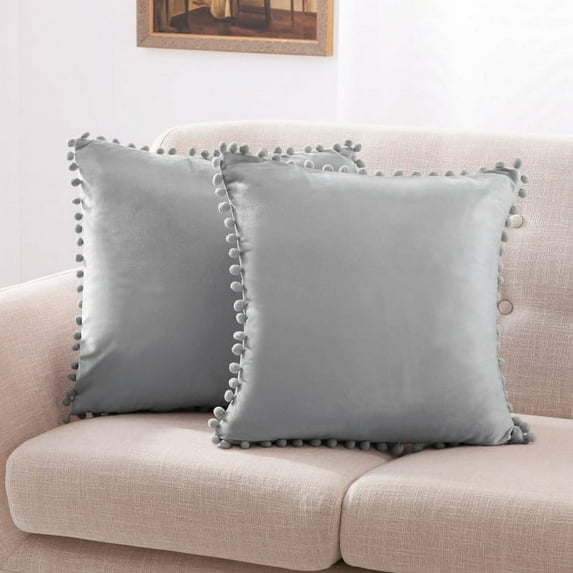 Deconovo Decorative Pom Poms Throw Pillow Covers 20x20 Velvet Pillow Covers Square Plush Pillow Covers with Invisible Zipper for Bedroom, Gray, 2 Pcs