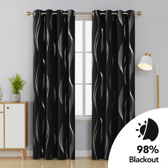 Deconovo Decorative Silver Wave Line Foil Printed Blackout Curtains with 52x95 inch 2 Panels Black