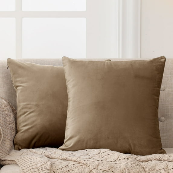 Deconovo Decorative Throw Pillow Covers 16x16 inch Velvet Pillow Cover Soft Pilloecase for Sofa, 16"x 16", Khaki, 2 Pack