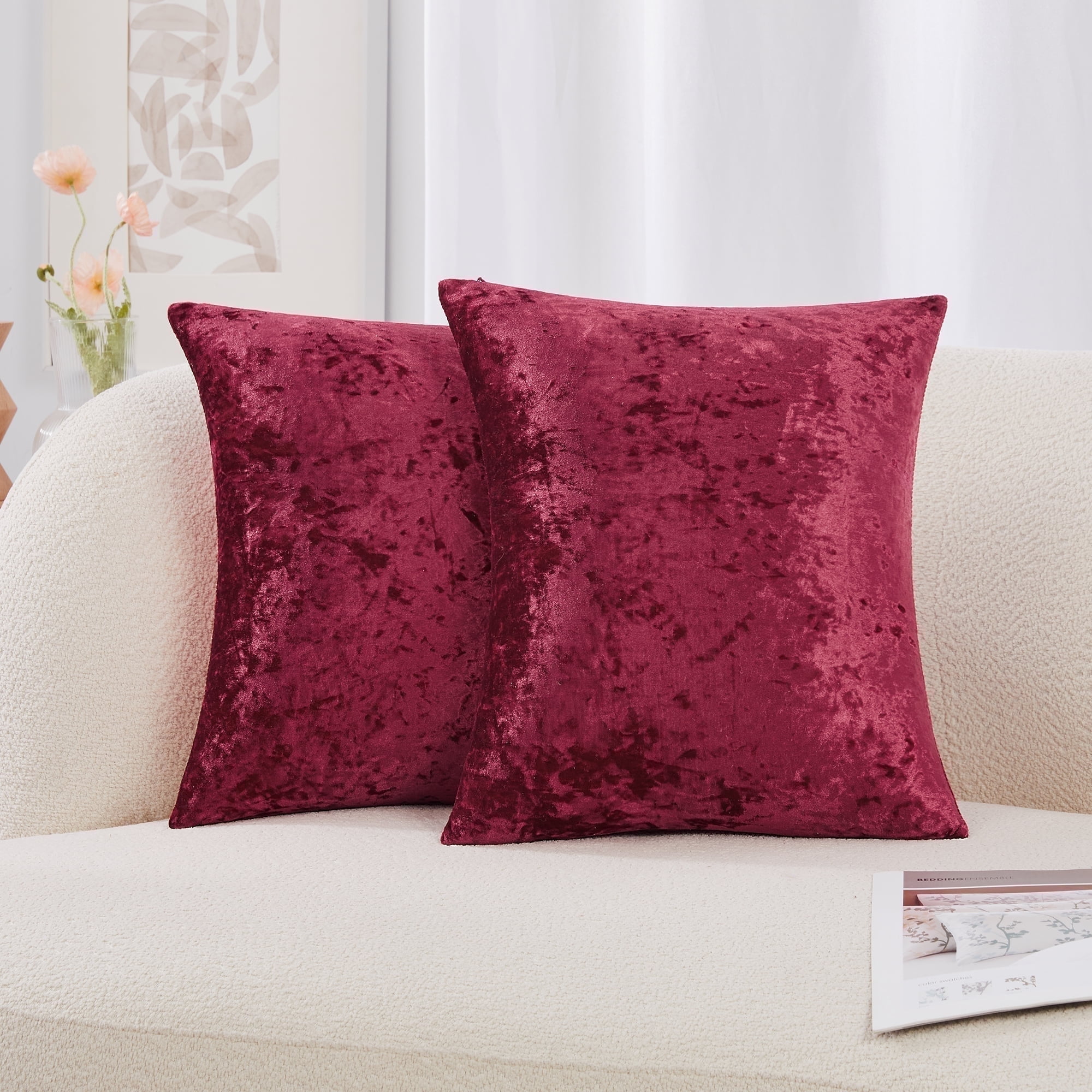 Deconovo Decorative Throw Pillow Covers 18x18, Wine Red Velvet