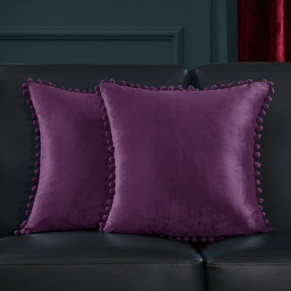 Deconovo Decorative Throw Pillow Covers Velvet Square Cushion Covers with Pom Poms for Living Room 22 x 22 inch Eggplant Purple Pack of 2