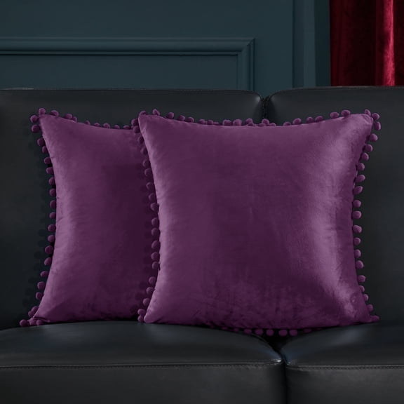 Deconovo Decorative Throw Pillow Covers Velvet Square Cushion Covers with Pom Poms for Living Room 22 x 22 inch Eggplant Purple Pack of 2