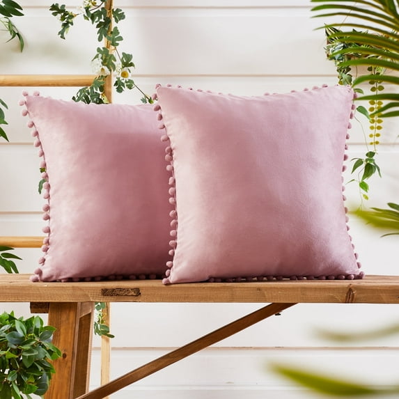 Deconovo Decorative Throw Pillow Covers with Pom Poms Soft Square Velvet Pillow Case for Couch, 20x20 inch, Saukra, 2 Packs