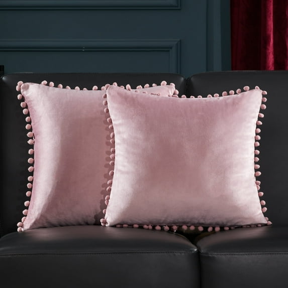 Deconovo Decorative Throw Pillow Covers with Pom-poms Velvet Solid Cushion Case for Sofa Couch Car 16 x 16 inch Sakura Pack of 2