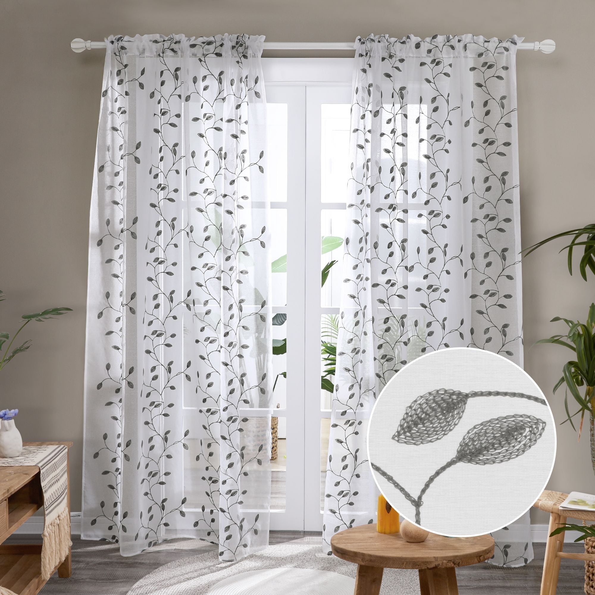 Deconovo Embroidered White Sheer Curtains, 2 Panels Curtains with Leaves Pattern for Balcony - 2 Panels, Each 52x45 in, Gray