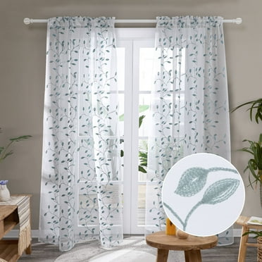 Deconovo Embroidered White Sheer Curtains for Living Room, 2 Panels, 52x45 inch, Agate Green, Spring