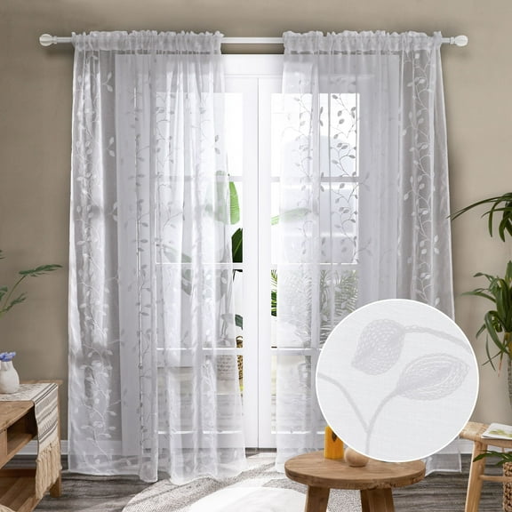Deconovo Embroidered White Sheer Curtains for Balcony, Floral Leaf Patterned Voile Drapes - 2 Panels, Each 52x45 in