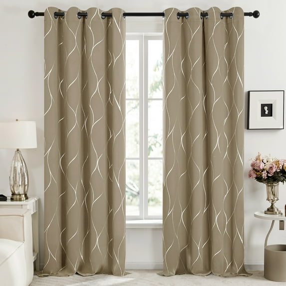 Deconovo Extra Long Grommet Blackout Curtains Silver Foil Wave Printed Room Darkening Curtain Thermal Insulated Energy Saving Drapes 52Wx 108L inches Khaki 2 Panels