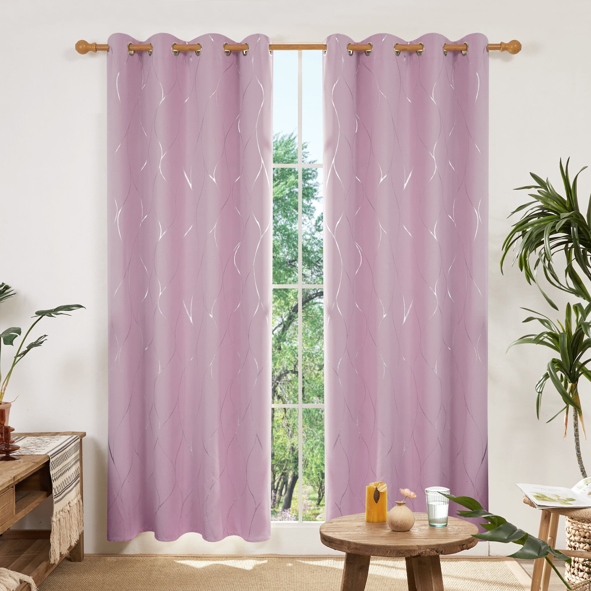 Deconovo Extra Long Grommet Blackout Curtains Silver Foil Wave Printed Room  Darkening Thermal Insulated Energy Saving Drapes 52Wx 108L inches Mauve 2  Panels 