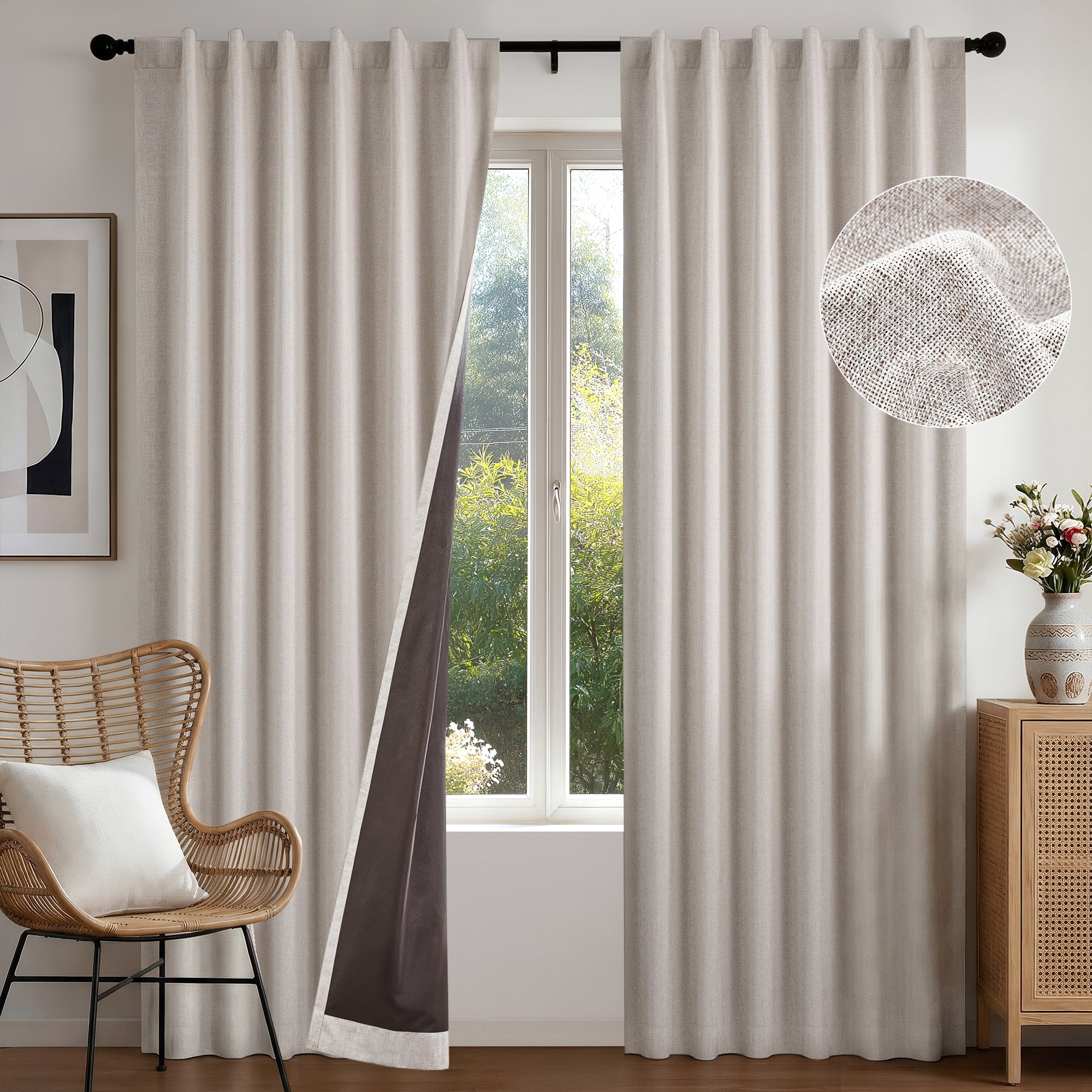 Deconovo Faux Linen 100% Blackout Curtain Panels, Thermal Insulated Back Tab, 2 Pack, Natural Linen, 52" x 84"