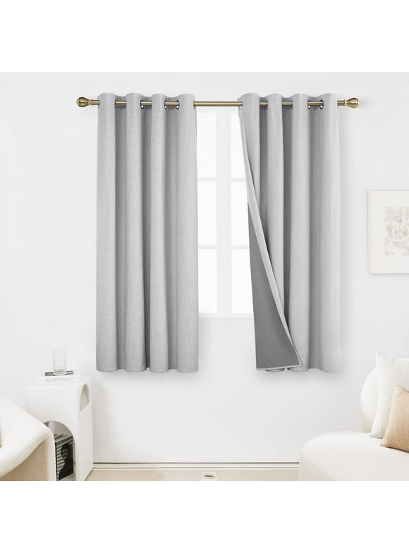 Deconovo Faux Linen 100% Blackout Curtains Set of 2 Light Gray 52Wx63L inch Grommet Thermal Insulated Curtain Panels for Bedroom Window