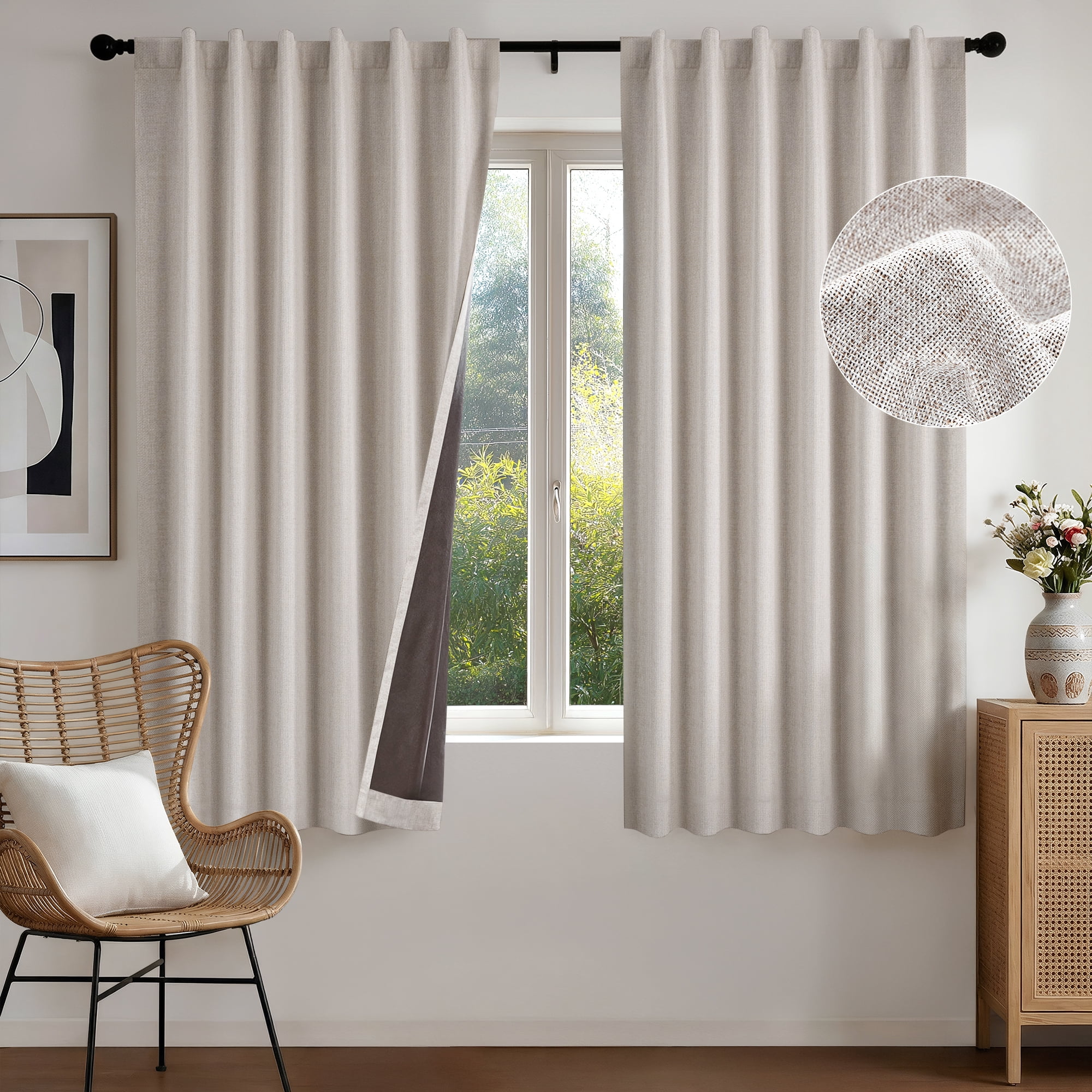 Deconovo Faux Linen 100% Blackout Curtains, Thermal Insulated Back Tab, 2 Panels, Natural Linen, 52 inch x 72 inch, Size: 52 x 63, Brown