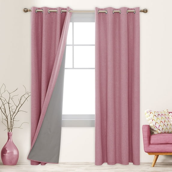 Deconovo Faux Linen Blackout Curtains 100% Black Out, 95 inch Long 2 Panels, Sound Reduction Thermal Curtains for Girls Room, Patio Outdoor Curtains(Pink, 52 x 95 inch, 2 Panels)