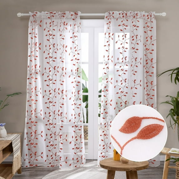 Deconovo Floral Sheer Curtains 63 inch Long, Rod Pocket Embroidered Leaves Sheer Curtains for Bedroom - 2 Panels, Each 52x63 in, Orange