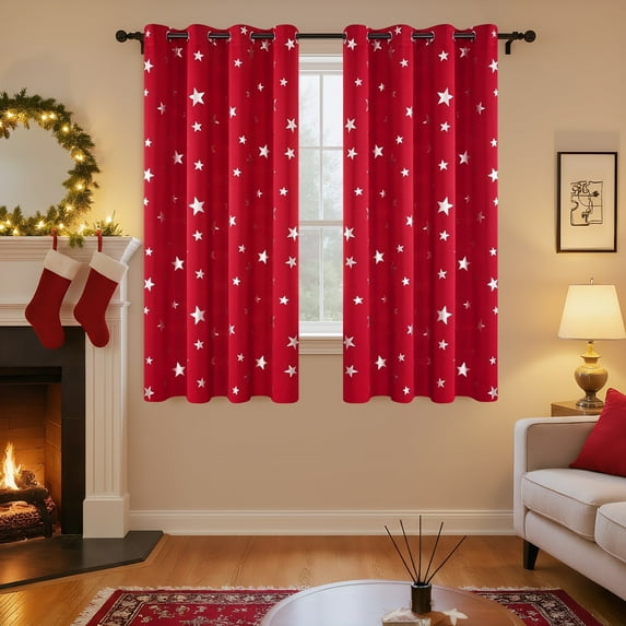 Deconovo Christmas Foil Star Print Blackout Curtains, Thermal Insulated Grommet Window Drapes for Holiday Winter Decor, 2 Panels, 52"x54", True Red