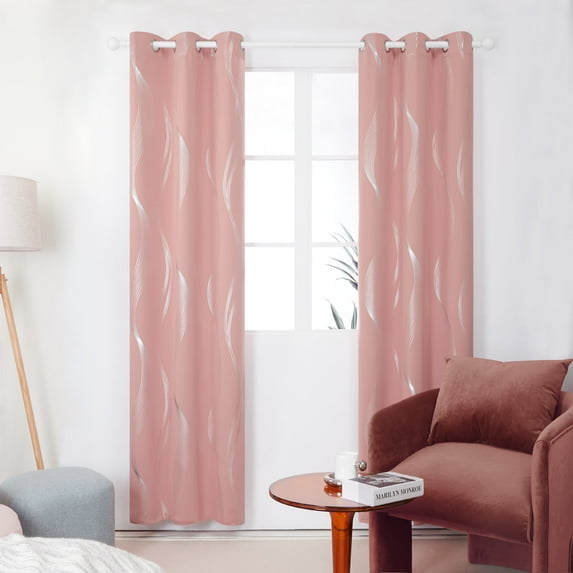 Deconovo Foil Printed Blackout Curtains for Kids' Room, Silver Wave Lines Pattern (42 x 72 inch, Baby Pink, 2 Panels)