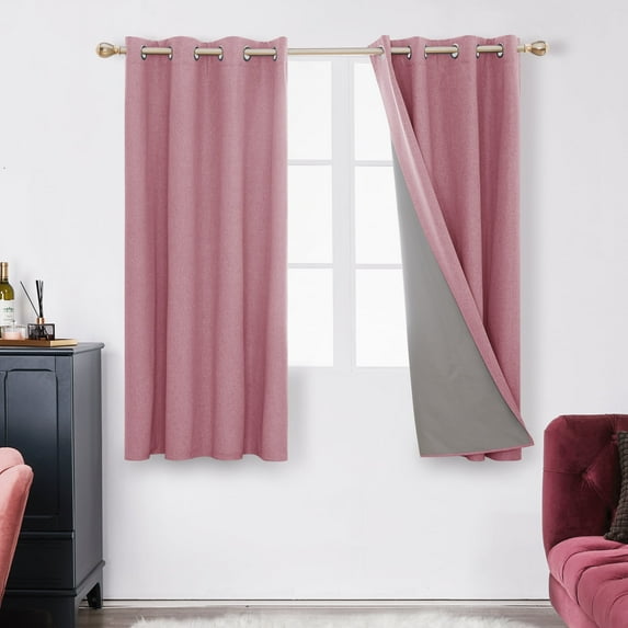 Deconovo 100% Blackout Curtains Thermal Insulated Drapes, Pink, 52W x 63L Inch, Noise Reducing Faux Linen Grommet Panels for Living Room