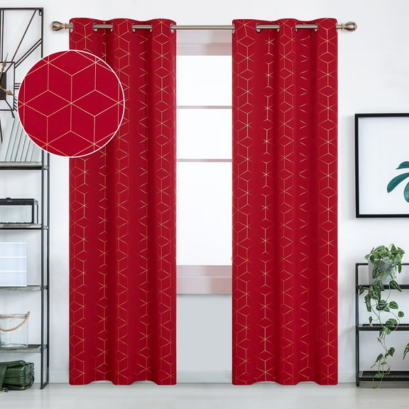 Deconovo Gold Diamond Foil Print Blackout Curtains for Living Room, 42x108 inches, 2 Panels(Red)