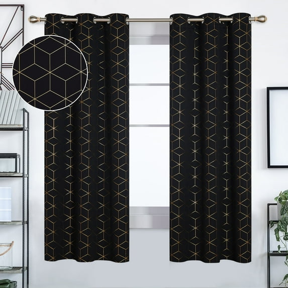 Deconovo Gold Diamond Foil Print Blackout Curtains for Living Room, 42x72 inches, 2 Panels(Black)