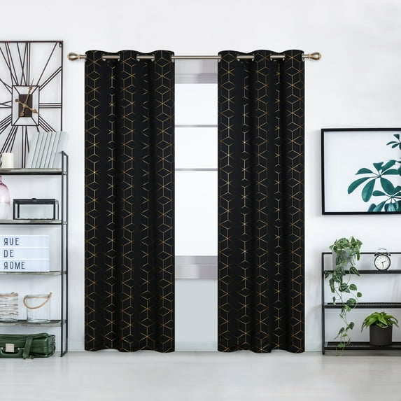Deconovo Gold Diamond Foil Print Blackout Curtains for Living Room, 42x84 inches, 2 Panels(Black)
