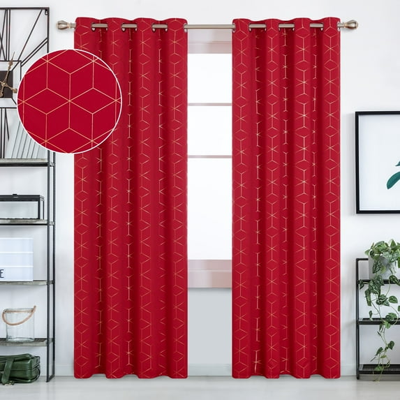 Deconovo Gold Diamond Foil Print Blackout Curtains for Living Room, 52x108 inches, 2 Panels(Red)