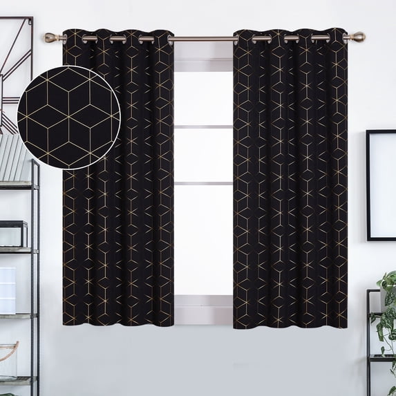 Deconovo Gold Diamond Foil Print Blackout Curtains for Living Room, 52x45 inches, 2 Panels(Black)