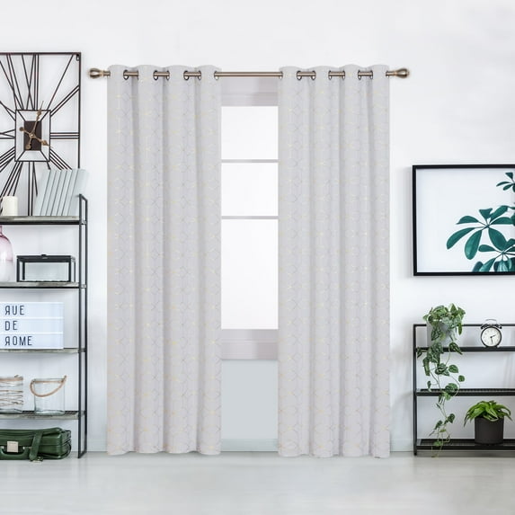 Deconovo Room Darkening Curtains Gold Diamond Foil Print, Bright White, 52W x 95L Inch, Grommet Top Blackout Window Panels for Home Decor, 2 Panels