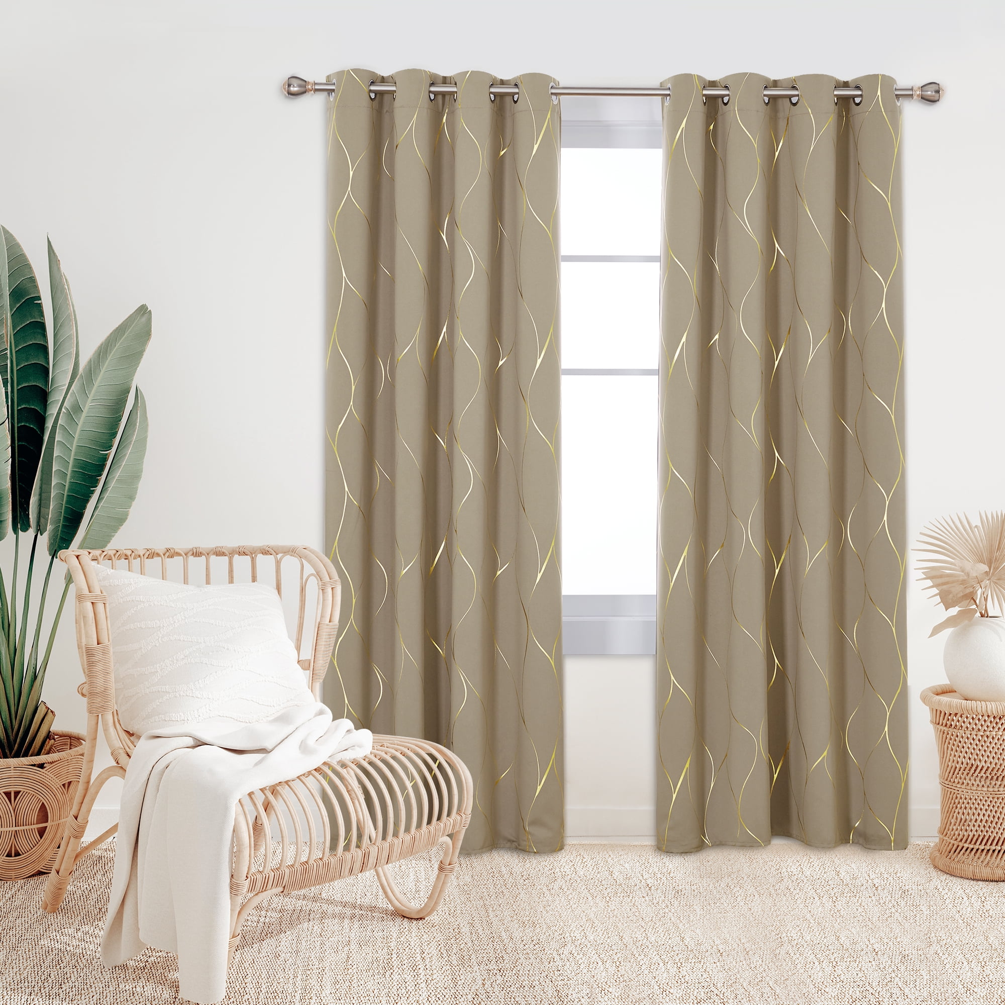 Deconovo Gold Wave Foil Print Blackout Curtains Grommet Light Blocking