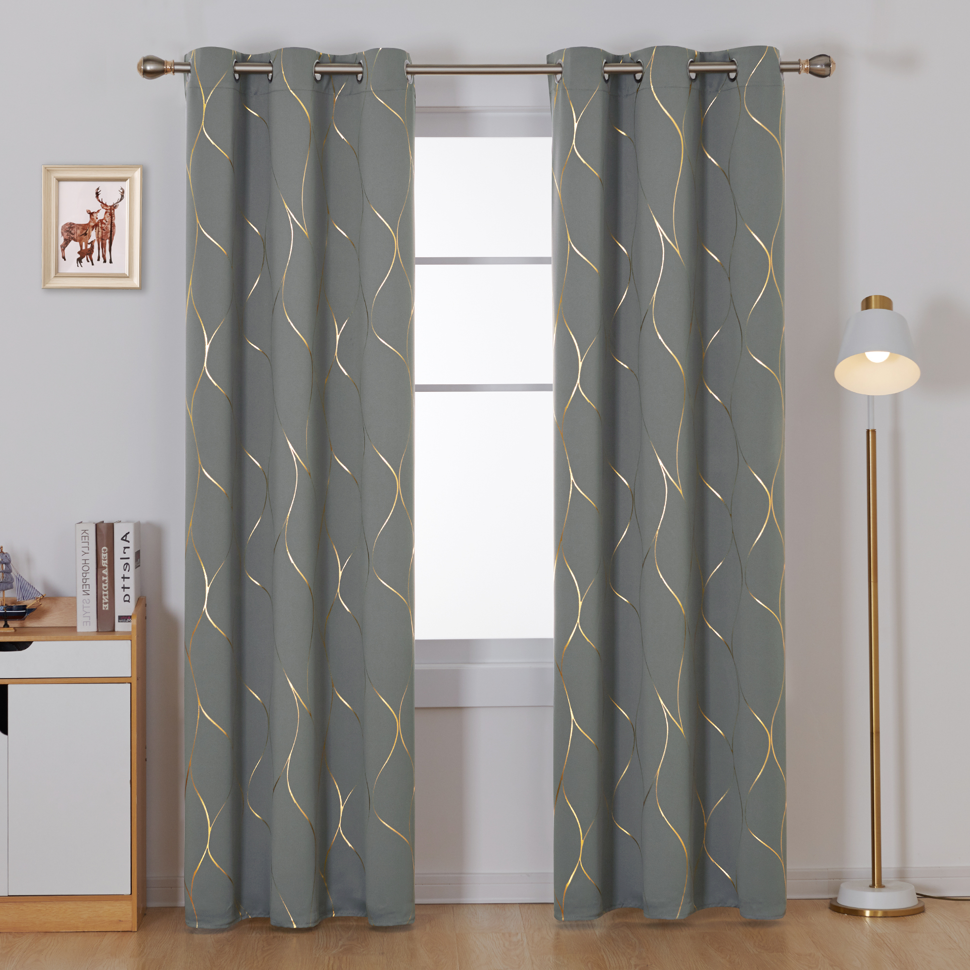 Deconovo Gold Wave Foil Print Blackout Curtains Grommet Light Blocking Room Darkening Noise Reducing Window Draperies for Glass Sliding Door 42W x 84L inch Set of 2 Panels Light Grey