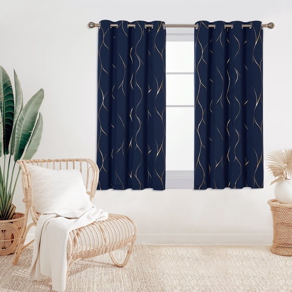 Deconovo Blackout Curtains Wave Foil Print Pattern, Navy Blue, 52W x 54L Inch, Thermal Insulated, Energy Saving Drapes for Bedroom, 2 Panels