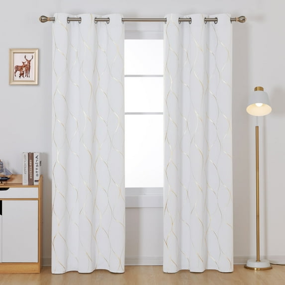 Deconovo Gold Wave Foil Printed Curtains Blackout Grommet Light Blocking Room Darkening Window Draperies for Dining Room 42W x 84L inch Set of 2 Panels White