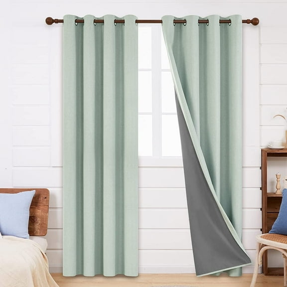 Deconovo 100% Black Out Curtains 84 inches Long, Thermal Insulated Grommet Living Room Bedroom Linen Curtains (Light Green, 52W x 84L inch, 2 Panels)