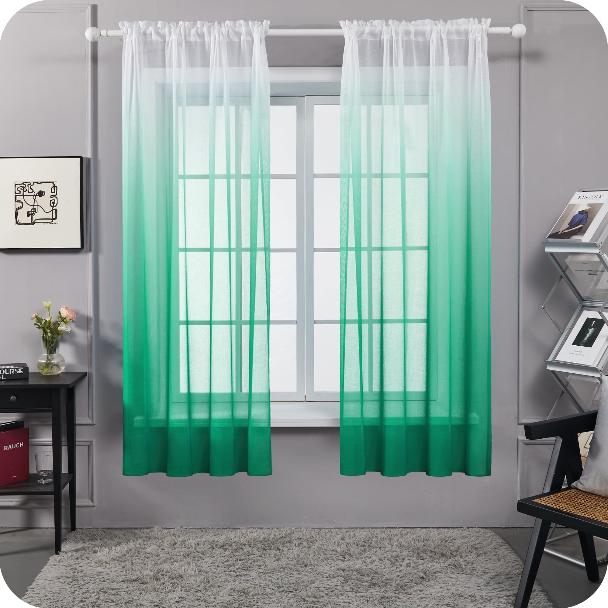 Deconovo Ombre Semi Sheer Curtains for Bedroom Living Room, Aqua, 52W x 72L Inch, Rod Pocket Window Drapes, Set of 2 Panels