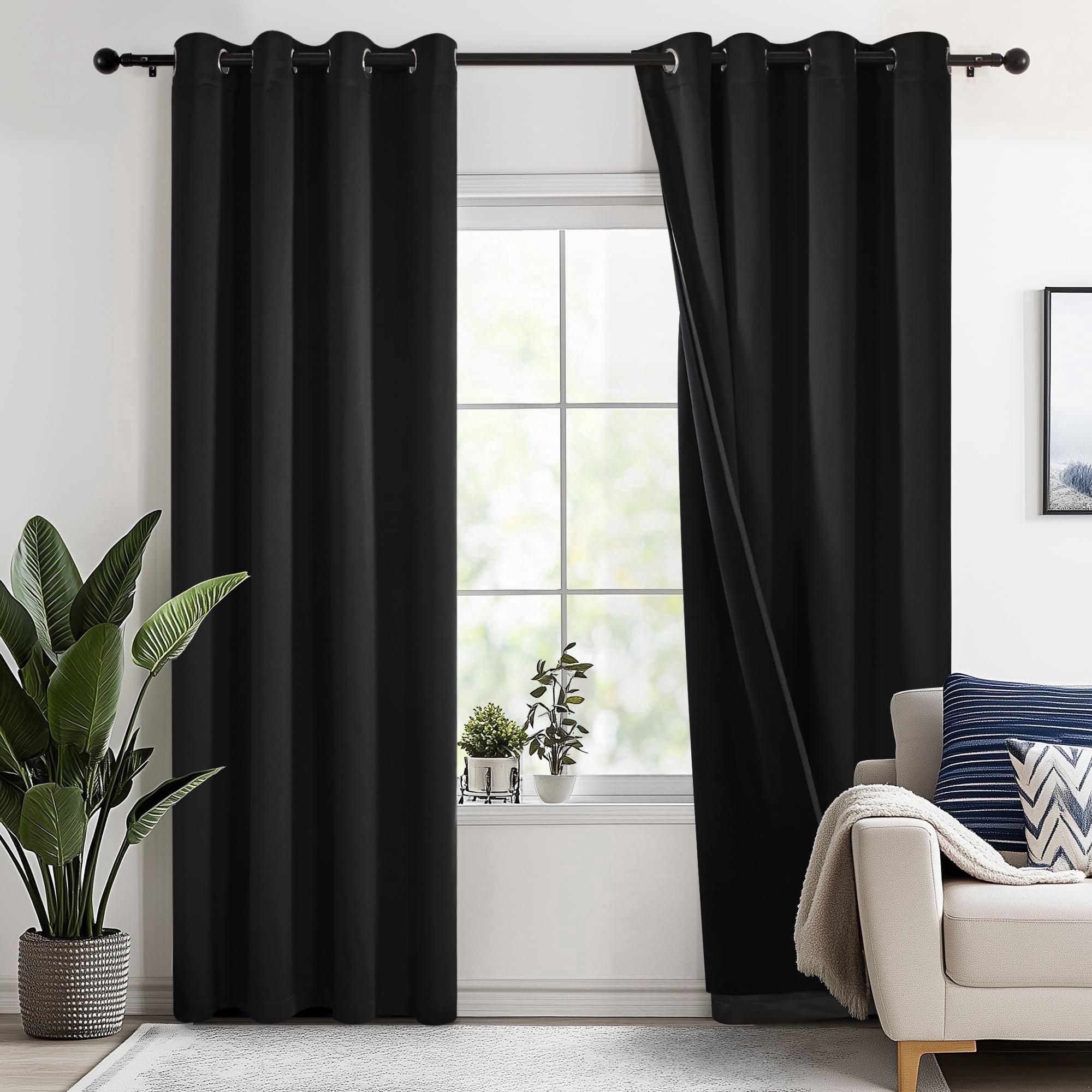 Deconovo Total Blackout Curtains for Living Room, Thermal Insulated, 2 Panels, 52"x84", Black