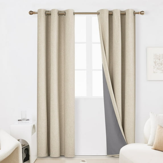 Deconovo Grommet 100% Blackout Linen Curtains Set of 2, Thermal Insulated Window Curtains and Drapes with Coating, Flaxen, 42x84 inch, 2 Panels