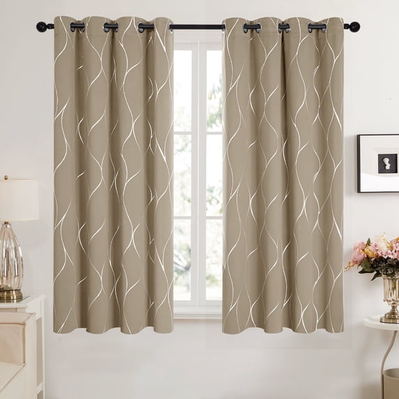 Deconovo Grommet Blackout Curtains 2 Panels, 52"x45", Silver Foil Wave Printed for Bedroom, Khaki