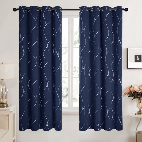 Deconovo Grommet Wave Print Blackout Curtains 2 Panels,Thermal Insulated for Living Room, 52x72 inch, Navy Blue