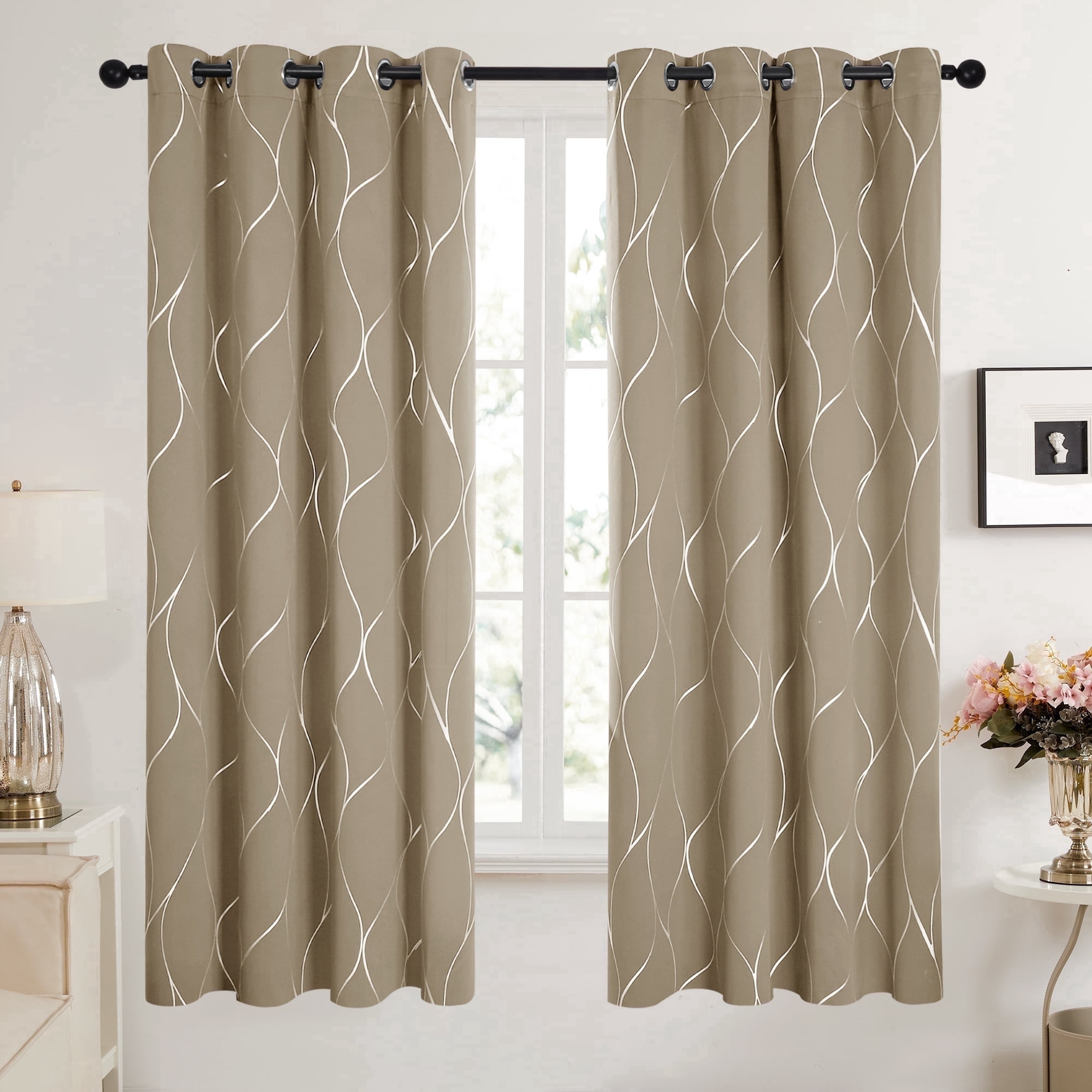Deconovo Grommet Wave Print Blackout Curtains Khaki, 52x 72 inch, 2 Panels, Thermal Insulated for Living Room