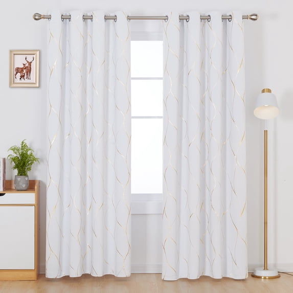 Deconovo Blackout Curtains Wave Foil Print Pattern, Bright White, 52W x 72L Inch, Thermal Insulated, Energy Saving Drapes for Bedroom, 2 Panels