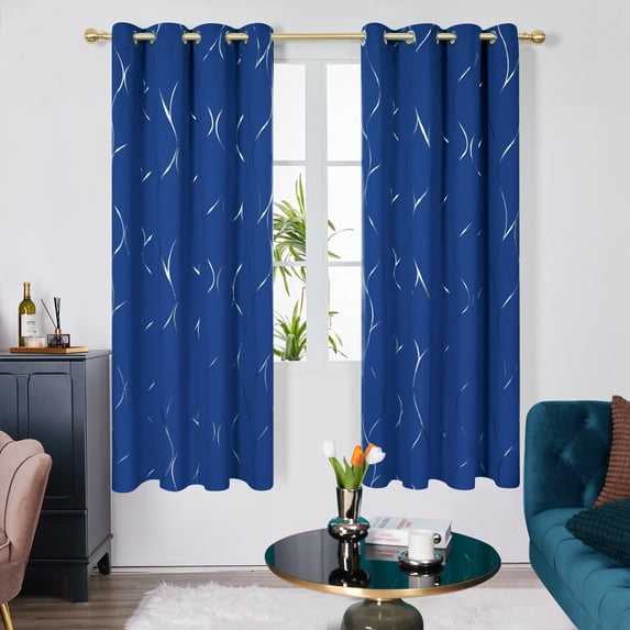 Deconovo Grommet Blackout Curtains Noise Reducing Silver Foil Wave Print Room Darkening Curtain Thermal Insulated Drapes 52Wx 72L inches Royal Blue Set of 2 Panels