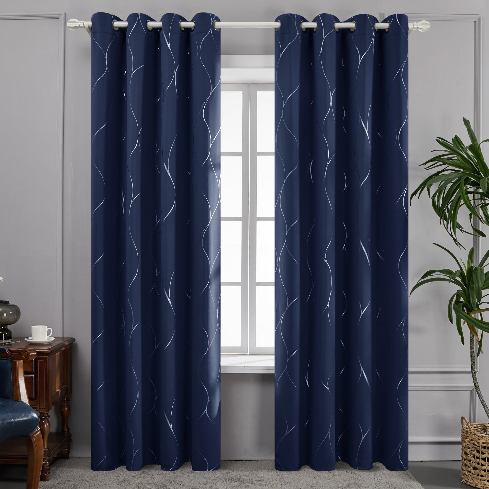 Deconovo Grommet Blackout Curtains Noise Reducing Silver Foil Wave