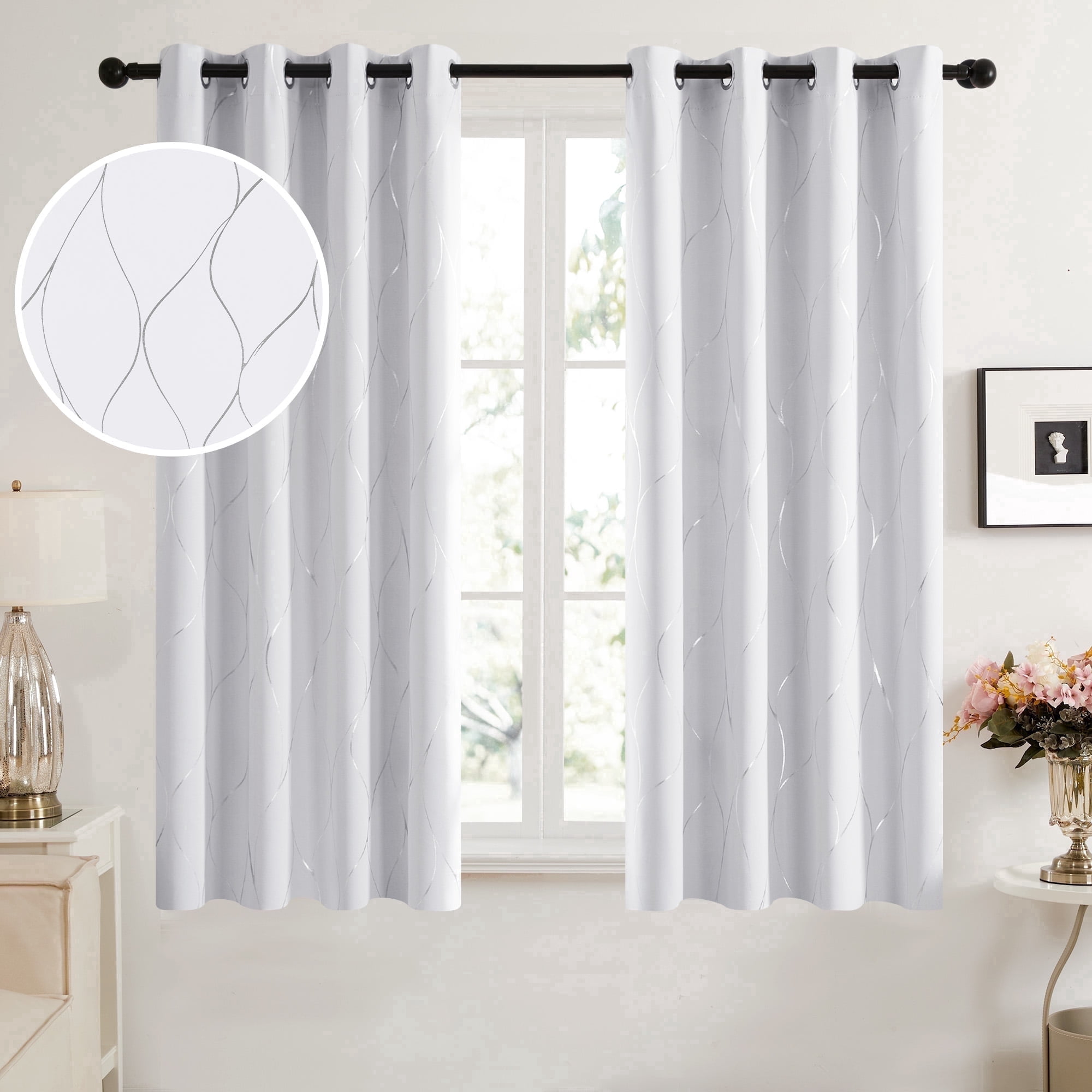 Deconovo Grommet Wave Print Blackout Curtains for Bedroom, 2 Panels, 52"x63", Grayish White, Thermal Insulated