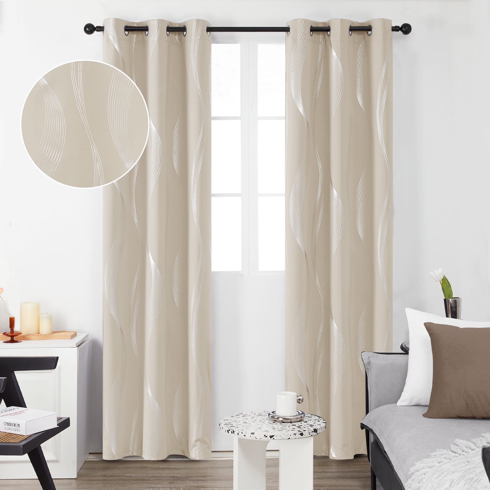 Deconovo Grommet Blackout Curtains for Living Room, Foil Wave Printed Room Darkening Grommet Window Curtains (42 x 72 inch, Light Beige, 2 Panels)