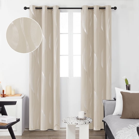 Deconovo Grommet Blackout Curtains for Living Room, Foil Wave Printed Room Darkening Grommet Window Curtains (42 x 72 inch, Light Beige, 2 Panels)