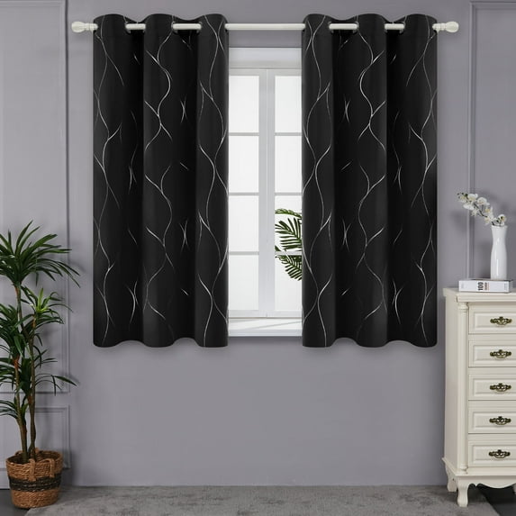 Deconovo Grommet Blackout Foil Wave Printed Room Darkening Curtains for Nursery 42W x 54L inch, 2 Panels, Black