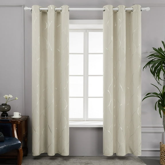 Deconovo Grommet Blackout Foil Wave Printed Room Darkening Curtains for Nursery 42W x 54L inch, 2 Panels, Light Beige